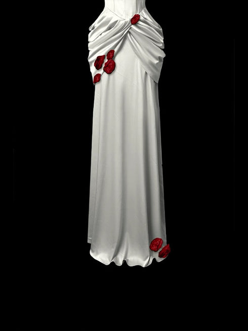 White Satin Mermaid Gown - Red Floral Evening Gown - White Dress for Evening Plus Size